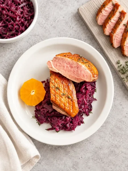 Entenbrust mit goldbrauner Haut und rosa Anschnitt auf Rotkohl, mit einer Orangenscheibe auf einem weißen Teller.