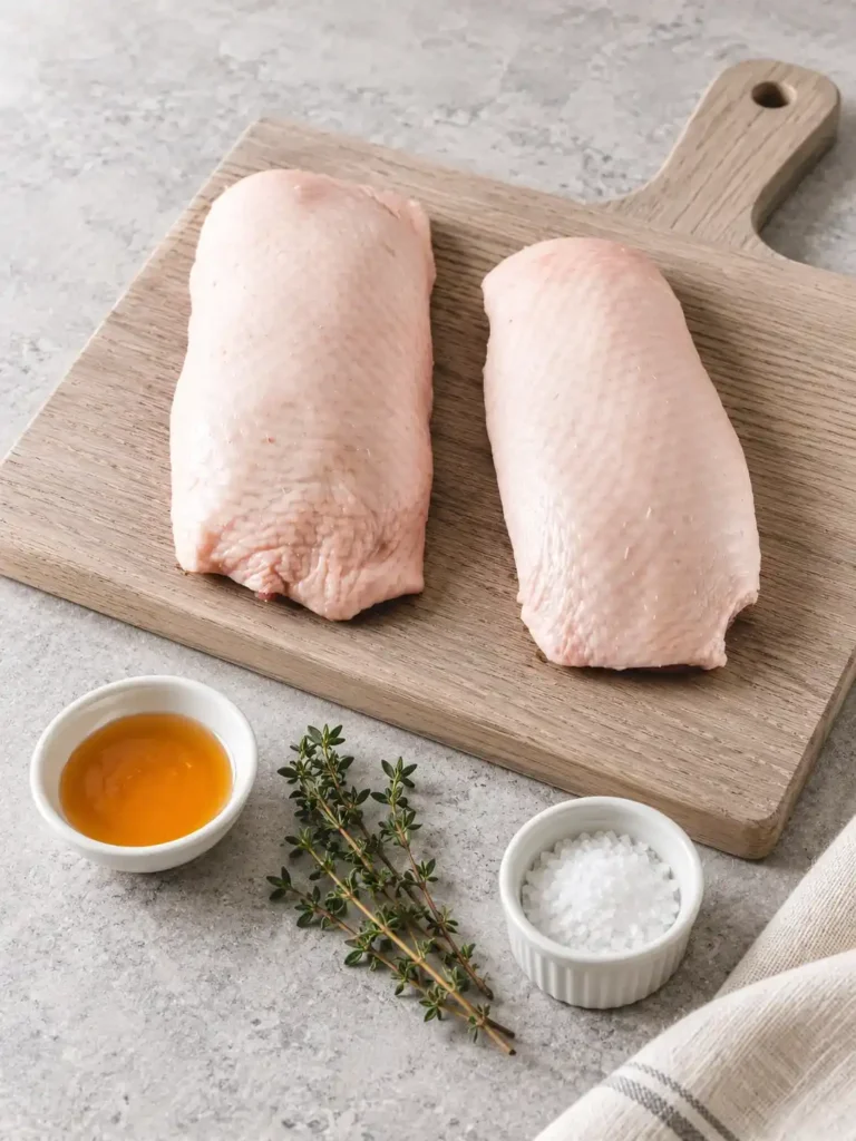 Zutaten für das Entenbrust-Rezept: zwei rohe Entenbrüste mit Haut, Honig, frischer Thymian und grobes Salz.
