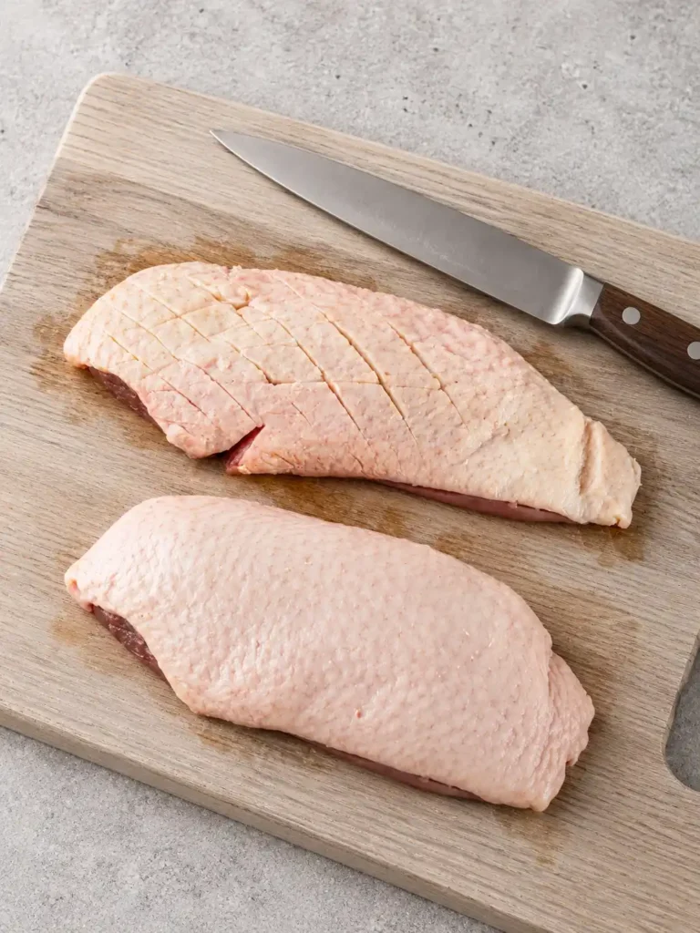 Entenbrust mit rautenförmig eingeschnittener Haut neben einem zweiten rohen Filet und einem Messer auf einem Holzbrett.