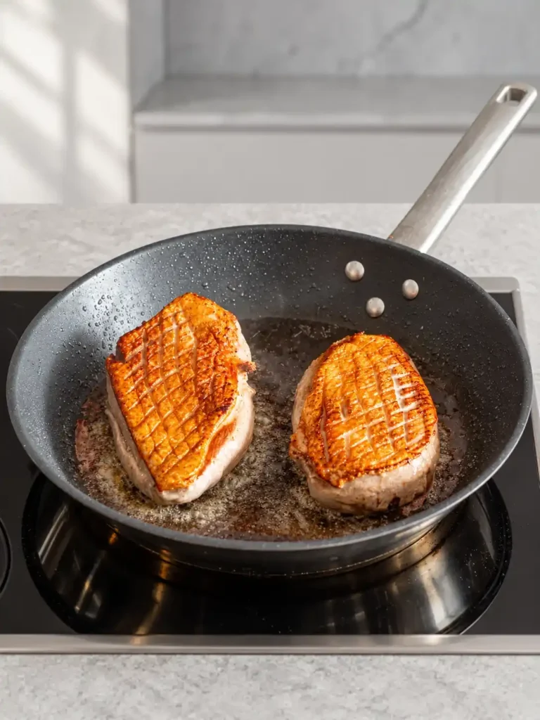 Zwei Entenbrüste mit goldbrauner, rautenförmig eingeschnittener Haut beim Braten in einer schwarzen Pfanne.