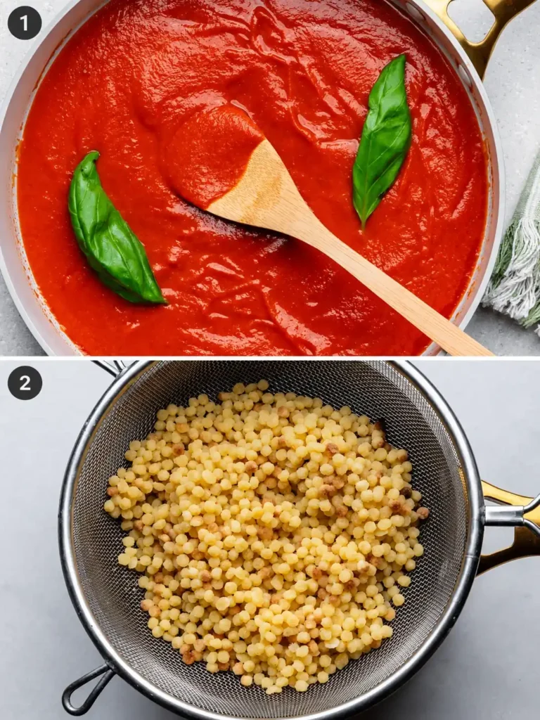 Fregola Sarda zubereiten mit Tomatensoße und bissfest gekochter sardischer Pasta