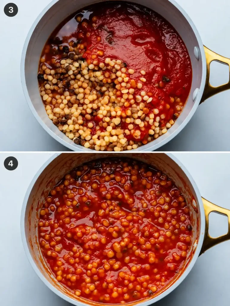 Fregola Sarda mit Tomatensoße im Topf vermengen und cremig fertig kochen