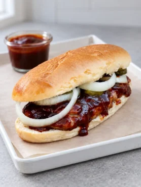 Selbst gemachter McRib mit BBQ-Soße, Zwiebelringen und Gewürzgurken im länglichen Brötchen auf einem weißen Tablett.