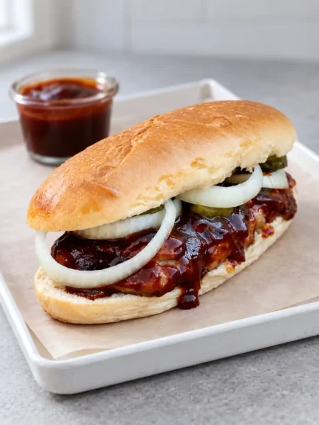 Selbst gemachter McRib mit BBQ-Soße, Zwiebelringen und Gewürzgurken im länglichen Brötchen auf einem weißen Tablett.