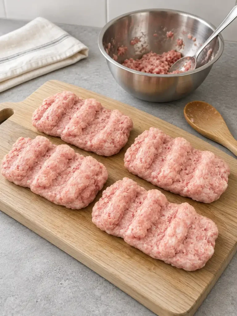 Vier rohe McRib-Patties mit Rillen auf einem Holzbrett, dahinter eine Schüssel mit gewürzter Fleischmasse.