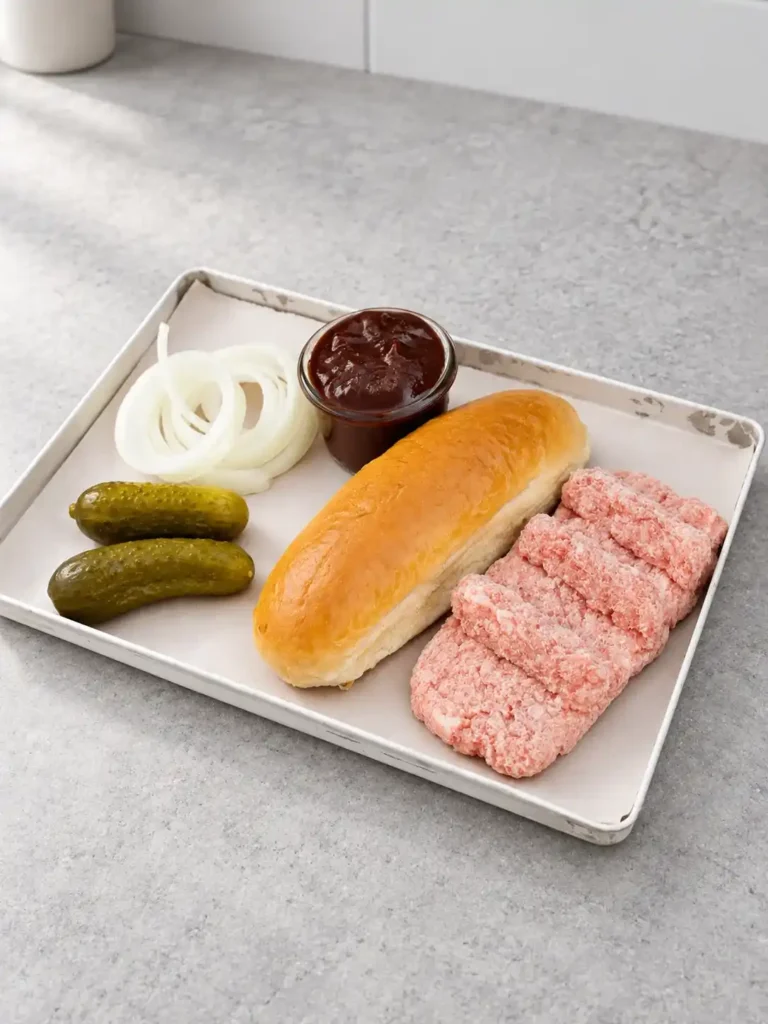 McRib-Zutaten auf einem Tablett: rohes Patty, längliches Brötchen, BBQ-Soße, Zwiebelringe und Gewürzgurken.