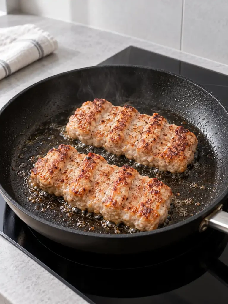 Zwei McRib-Patties in Rippchenform mit goldbrauner Oberfläche beim Braten in einer schwarzen Pfanne.