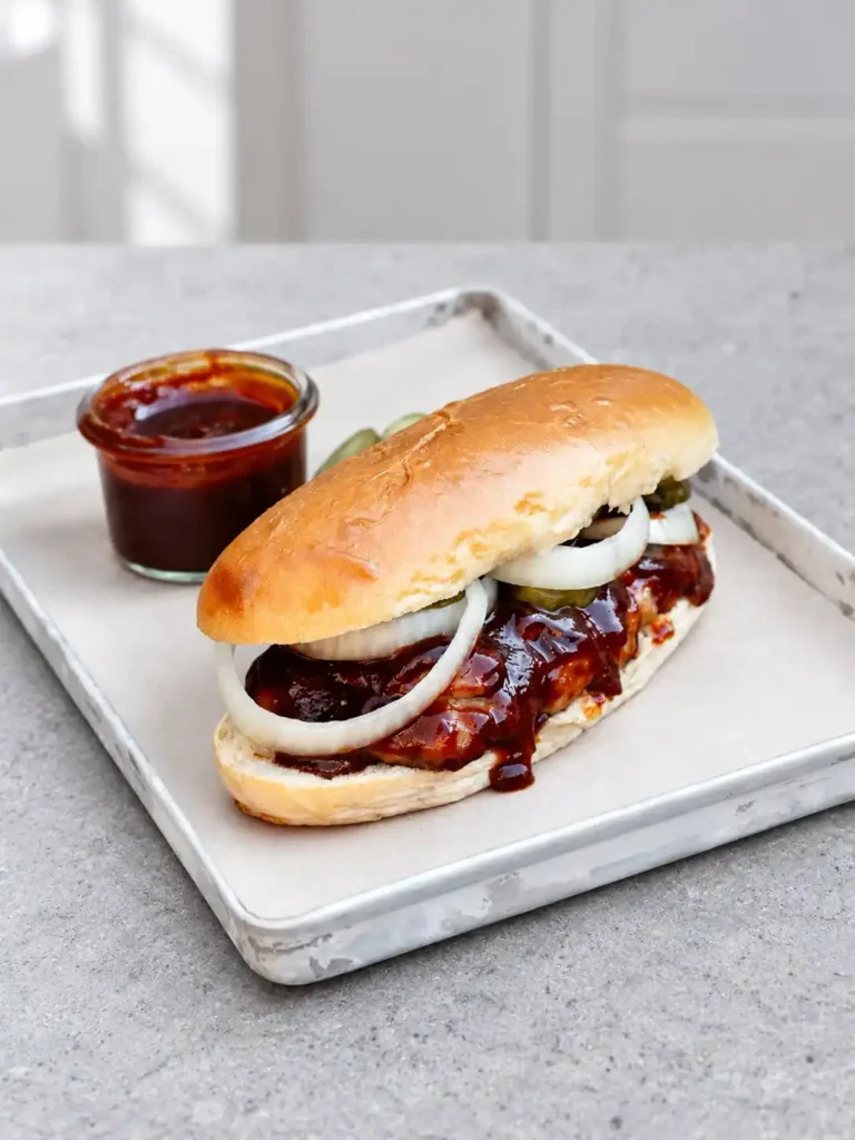 McRib mit BBQ-Soße, Zwiebelringen und Gewürzgurken im goldbraunen Brötchen, daneben ein Glas Soße auf weißem Tablett.