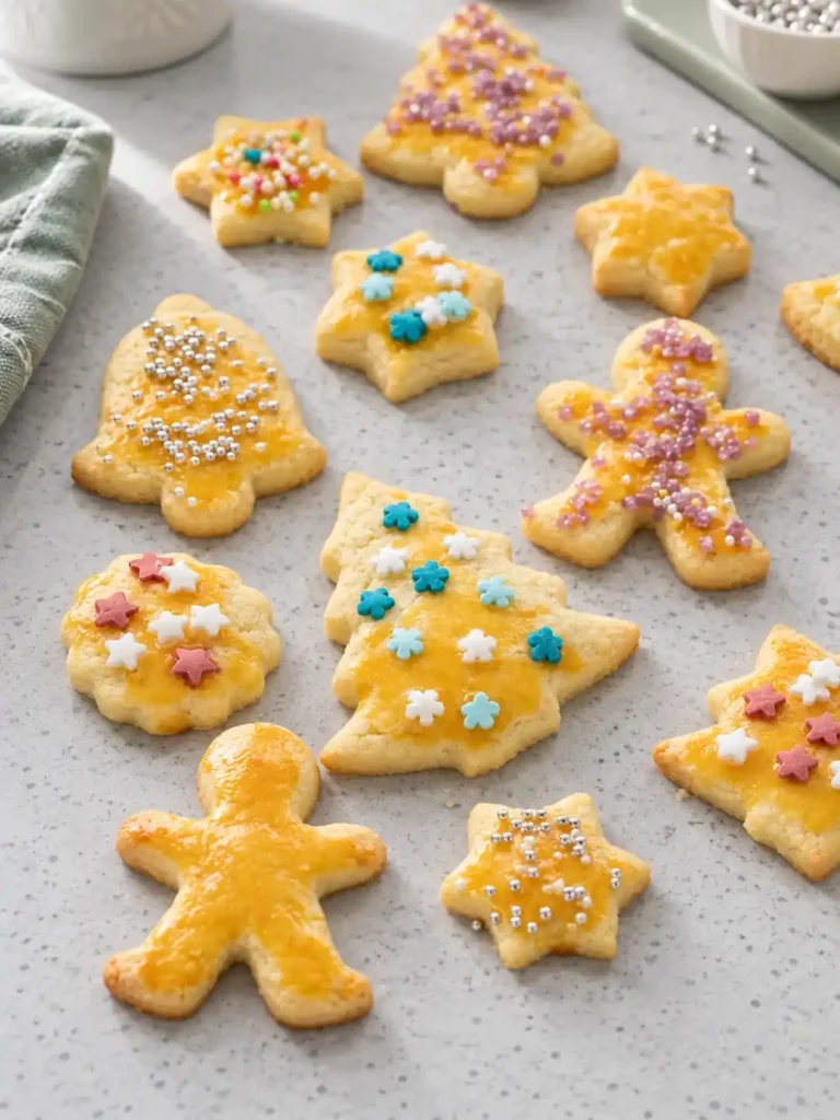 Plätzchen zum Ausstechen als Sterne, Tannenbäume, Glocken und Männchen, verziert mit bunten Streuseln und Zuckerperlen