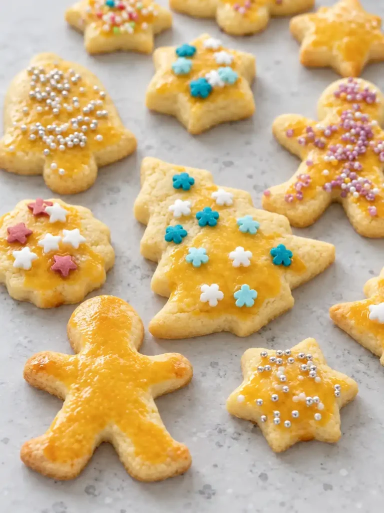 Nahaufnahme von Plätzchen zum Ausstechen mit türkis-weißen Zuckerblüten, rosa Streuseln und silbernen Zuckerperlen