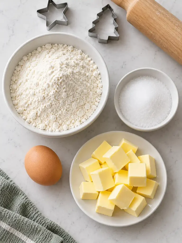 Zutaten für Plätzchenteig zum Ausstechen: Mehl, Zucker, Butterwürfel und ein Ei neben Nudelholz und Ausstechformen