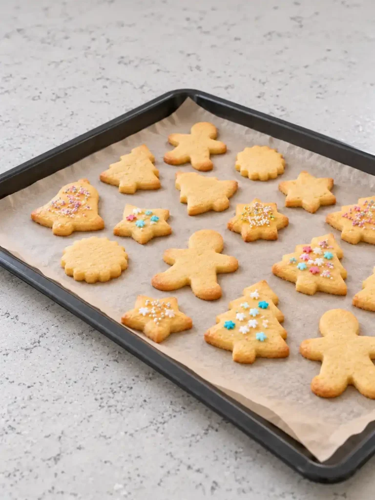 Goldgelbe Plätzchen zum Ausstechen, teils mit bunten Streuseln verziert, auf einem Backblech mit Backpapier