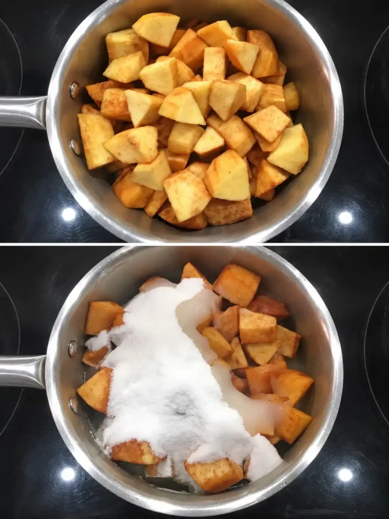 Quittenstücke im Topf vor und nach der Zugabe von Zucker für selbst gemachtes Quittenbrot.