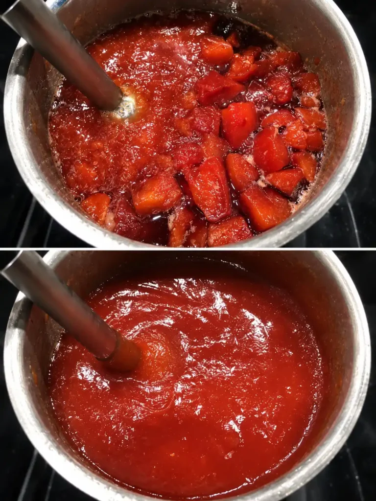 Rote Quitten für Quittenbrot vor und nach dem Pürieren mit einem Stabmixer im Topf.