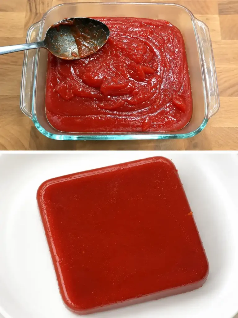 Quittenbrot als rote Fruchtmasse in einer Glasform und als gestürzter Block auf einem weißen Teller.